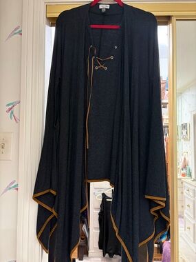 Black poncho Drape Cardigan with Tan Trim Tasha Polizzi collection